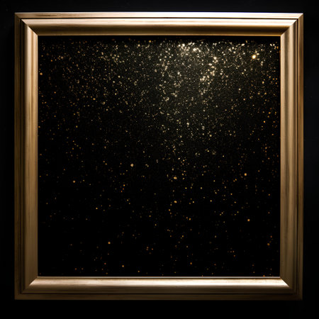 golden frame on a black background with sparkles. 3d illustrationの素材