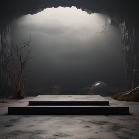 Mysterious halloween scene with empty podium. 3d renderの素材