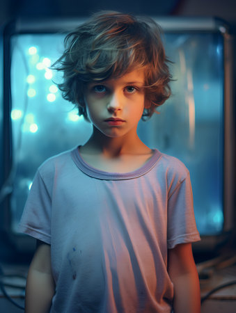 Portrait of a little boy with blond hair in a dark roomの素材