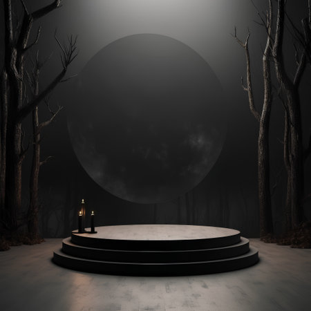 Podium in the dark forest with moon and smoke, 3d renderの素材