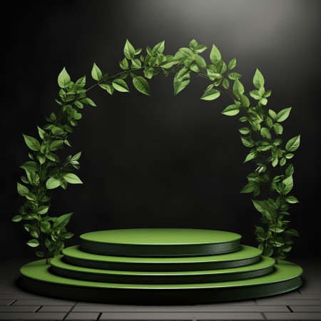 Green round podium with green leaves on dark background. 3d renderの素材