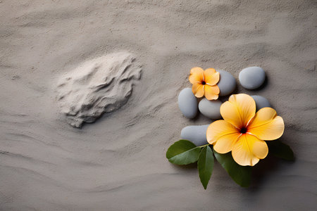 zen stones and frangipani flower on sand background, top viewの素材