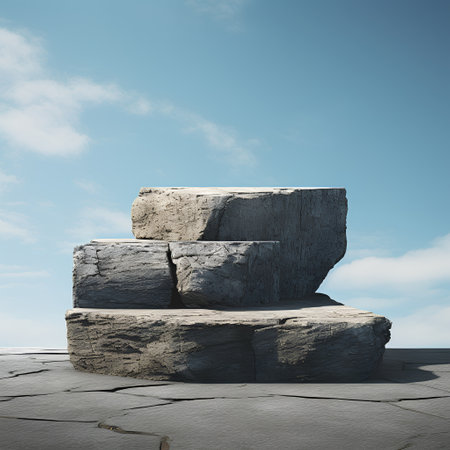 Conceptual stone steps against blue sky with clouds background. 3d renderingの素材