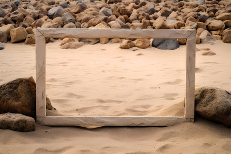 Photo frame on the beach sand with stones. Blank for design.の素材