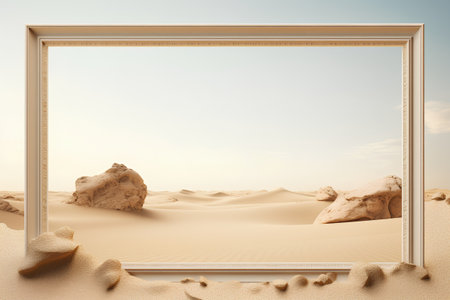 3d render of golden frame with sand dunes in the desertの素材