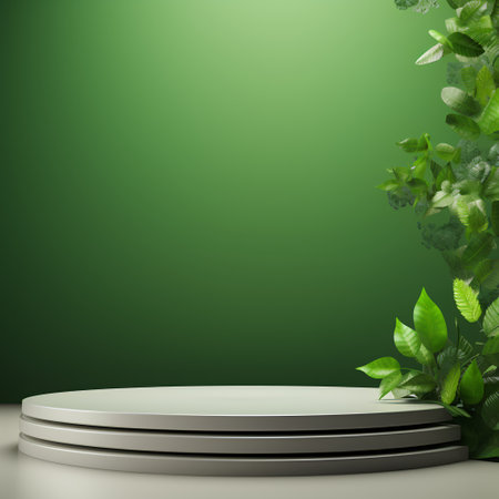 3d rendering of podium for product display with green leaves background.の素材