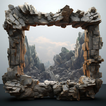 Fantasy stone frame with sky background. 3d render illustration.の素材