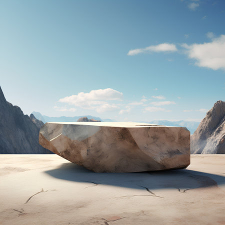 Stone pedestal on the background of mountains. 3D rendering.の素材