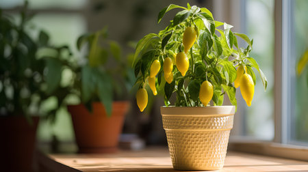 Yellow peppers in a pot on the windowsill. Selective focus.の素材