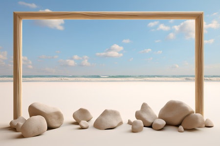 Wooden frame with stones on the beach and sea background. 3d renderの素材
