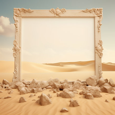 Wooden frame in the desert with sand dunes. 3d renderの素材