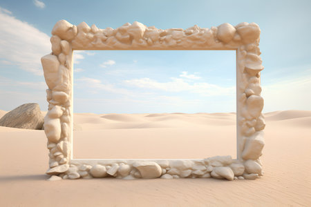 3d illustration of stone frame in the desert with blue sky backgroundの素材