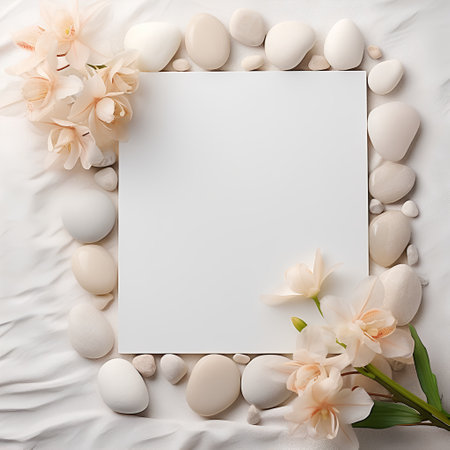 White stones, flowers and blank sheet of paper on white background. Flat lay, top viewの素材