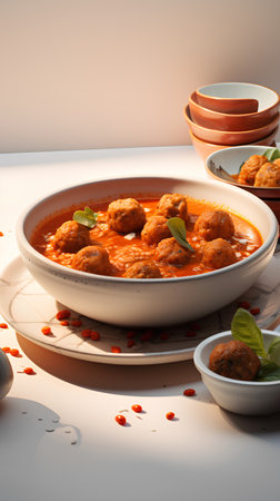 Meatballs in tomato sauce with basil leaves in bowl on white backgroundの素材