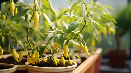 Close-up of yellow peppers growing in pots. Selective focus.の素材