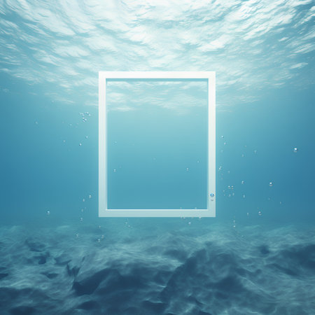 Photo frame in the blue sea. Underwater background. 3D renderingの素材