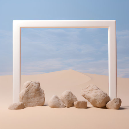 White frame with stones in the desert. 3d render illustration.の素材