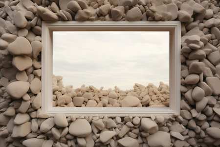 photo frame with pebbles and sky background. 3d renderingの素材