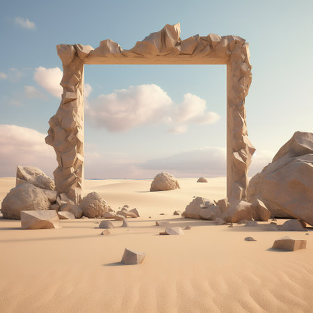 3d rendering of an arch in the desert with stones and skyの素材