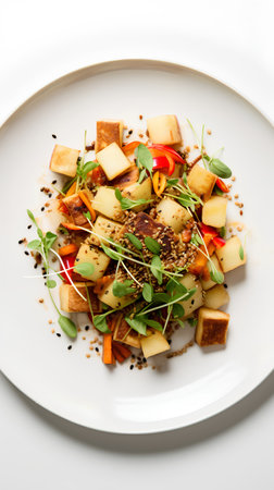 Salad with potatoes, carrots and microgreens on white plateの素材