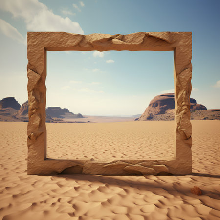 Wooden frame in the desert. 3d render. Vintage style.の素材