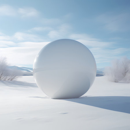 3d render of a white sphere in a snowy field. Winter landscapeの素材