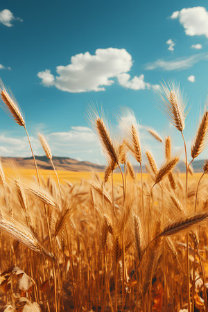 Golden wheat field and blue sky with clouds. Beautiful nature background.の素材