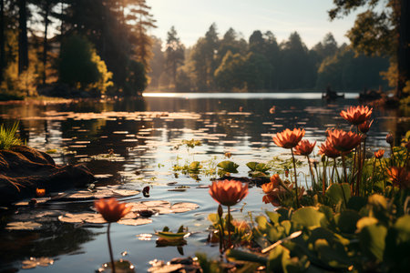 Red lotus on the lake in the forest. Beautiful summer landscape.の素材