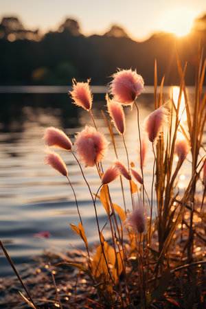 Flowering grass on the lake at sunset. Nature background.の素材