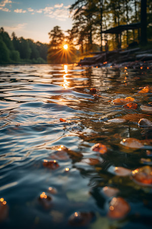 Sunset on the lake. The sun's rays are reflected in the water.の素材