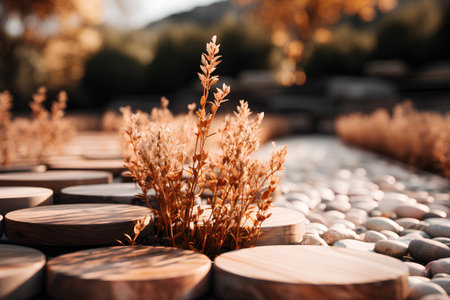 Wooden podiums on a background of autumn leaves and grass.の素材