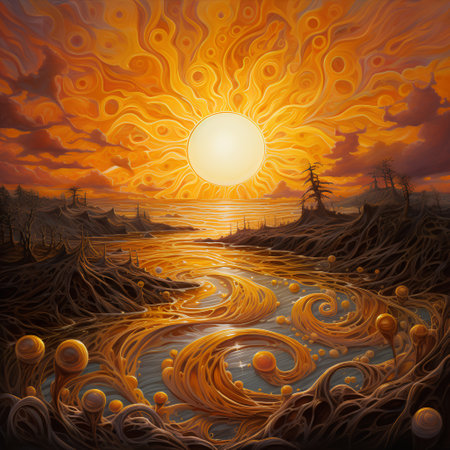 Sunset over the sea. Vector illustration of a fantastic landscape.の素材