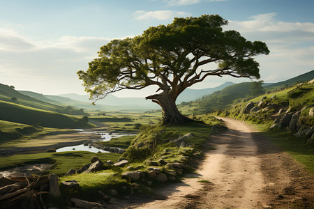 Dirt road in the mountains with a lonely tree. 3d renderingの素材