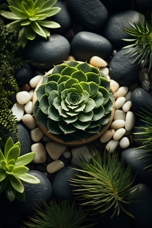 Succulent plant on pebbles background with copy space.の素材