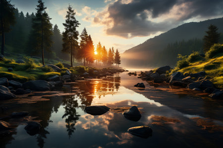 Sunset over the mountain river. Dramatic and picturesque scene.