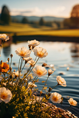 White poppy flowers on the background of a lake and mountains at sunsetの素材
