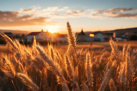Sunset over the wheat field with village in the background. Rural landscape.の素材