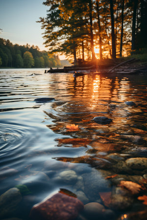 Sunset on the lake in the forest. Beautiful summer landscape.の素材