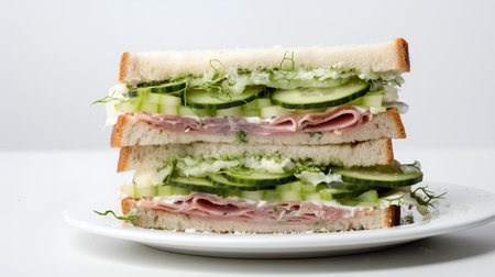 sandwich with ham and cucumber on a white background, close-upの素材