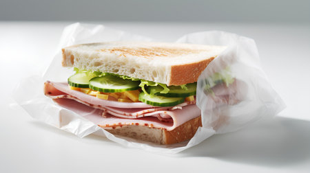 Sandwich with ham, cheese and cucumber on a white backgroundの素材