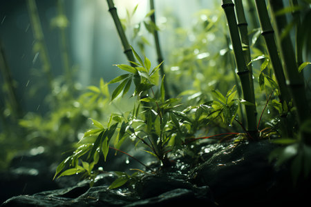 Green bamboo forest in the rain. Shallow depth of field.の素材