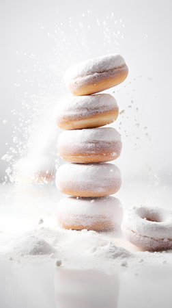 Stack of fresh donuts with icing sugar falling on white background.の素材
