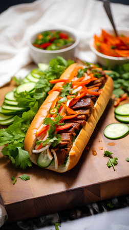 Appetizing hot dog with meat and vegetables on a wooden boardの素材