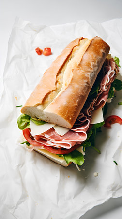 sandwich with prosciutto and arugula on white paperの素材