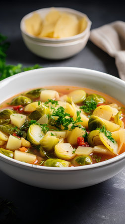 Fresh vegetable soup with brussels sprouts and potatoes on dark backgroundの素材