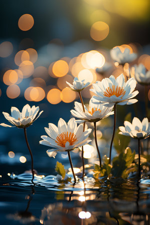 White daisies on water surface with bokeh lights.の素材
