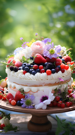 Delicious birthday cake with fresh berries and flowers on wooden table outdoorsの素材