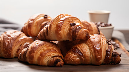 Freshly baked croissants on a wooden table, selective focus.の素材