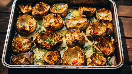 Baked artichokes with garlic and thyme in baking dishの素材