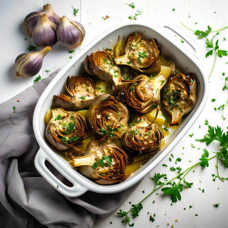 Baked artichokes with garlic and parsley on a white wooden backgroundの素材